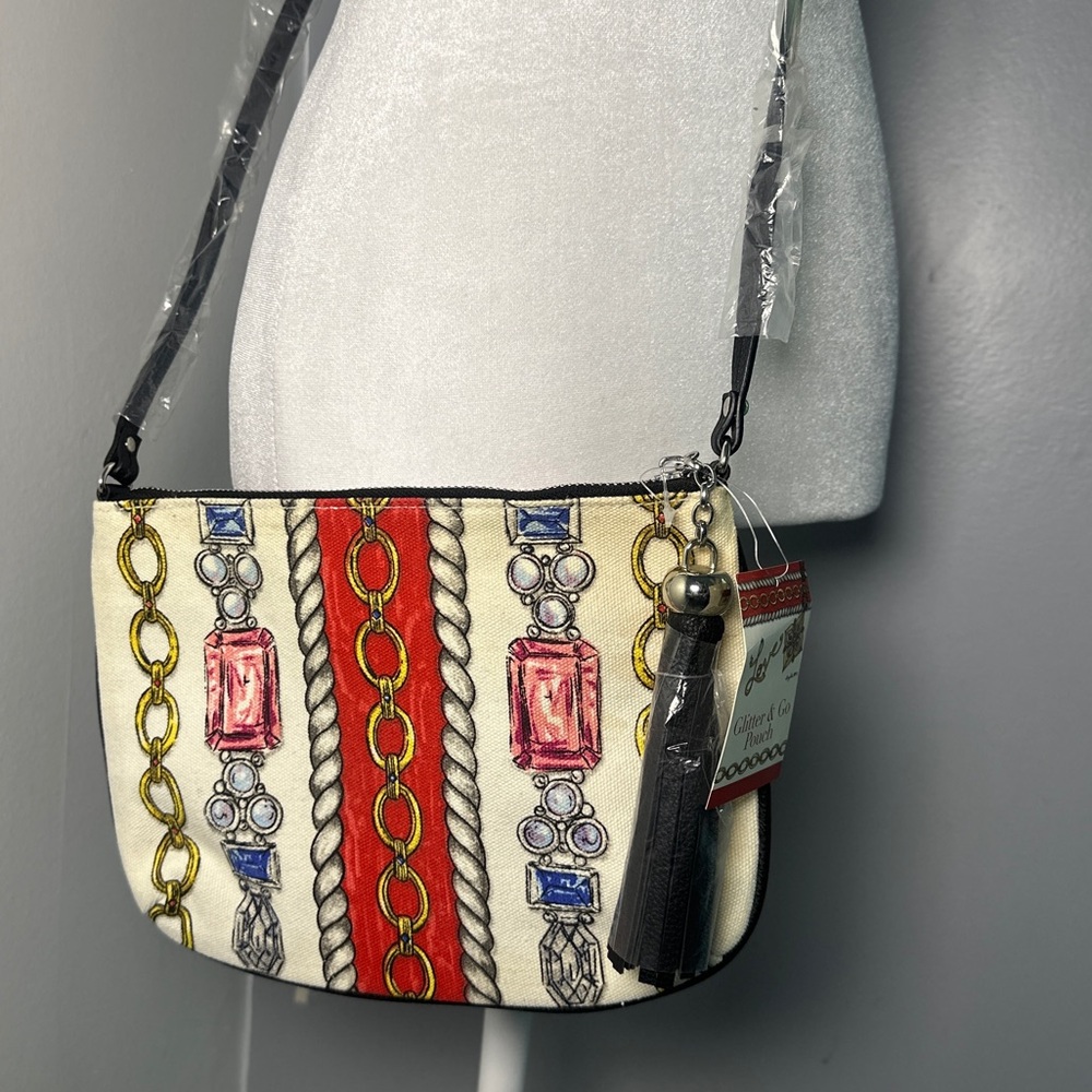NWT Vintage Brighton Cream Glitter and Go Tassle Canvas & Leather Crossbody Bag - Picture 2 of 6